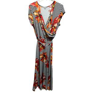 Olivia Mathews Long Maxi Dress Bold Tropical Floral Stripe Belted Tie Waist 2X